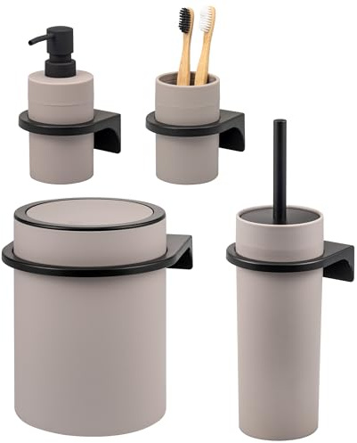 bremermann Badezimmer-Set Savona mit Soft-Touch Oberfläche, rundes Bad-Accessoires Set 4tlg. bestehend aus Seifenspender, Becher, Kosmetikeimer 5,5 Liter und WC-Garnitur aus Kunststoff (Taupe)