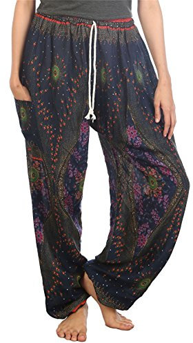 Lofbaz Damen Kordelzug Floral 2 Harem Boho Hose Dunkelblau S
