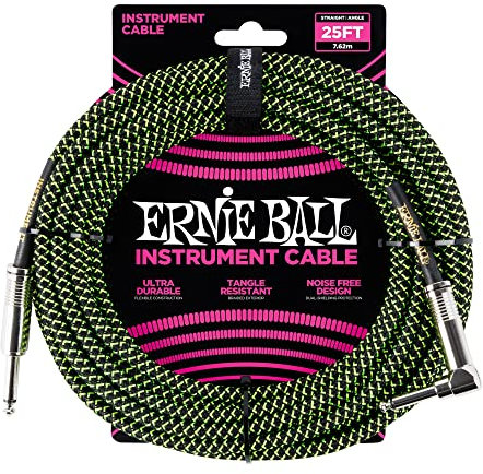 Ernie Ball 25 ft Braided Straight / Angle Instrument Cable - Black / Green