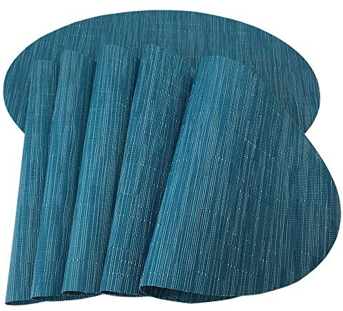 Tischsets, rot-A Imitation Bambus oval gewebtes Vinyl hitzebeständig Tischsets waschbar Tischsets für Küchentisch 6er-Set blau