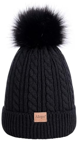Alepo Kids Winter Beanie Hat, Children's Warm Fleece Lined Knit Thick Ski Cap with Pom Pom for Boys Girls (Black)