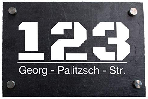 wandmotiv24 Personalisierte Hausnummer Hausnummernschild aus Naturstein Schiefer, auf Schiefertafel, mit individueller Beschriftung Hausnummer, Straße M0048