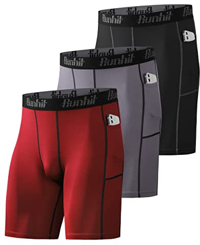 Runhit 3er Pack Herren Kompressionsshorts Mit Tasche - Baselayer Sport Unterhosen Funktionsunterwäsche Tight Kompressionshose Kurz Laufunterwäsche Radlerhose M