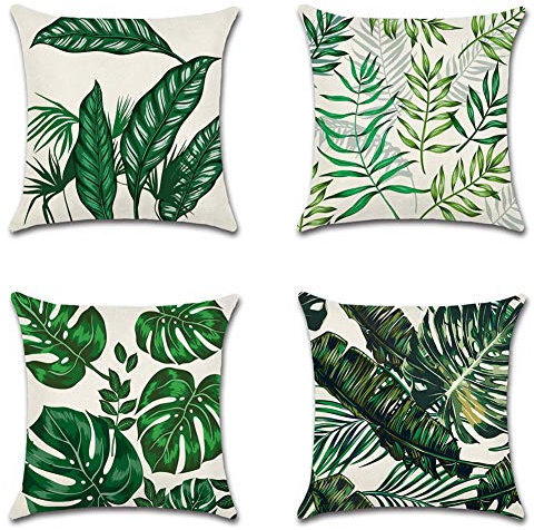 Artscope 4 Piezas Impermeables Funda de Cojines, de Exterior Funda de Almohada Cuadrado para Patio Balcón Jardín Sofá Oficina Hogar Decorativas 45x45cm, Plantas Tropicales 1