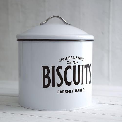 Biscuit Tin White & Black Enamelled Metal Retro Vintage Cookie Barrel Storage Box Canister