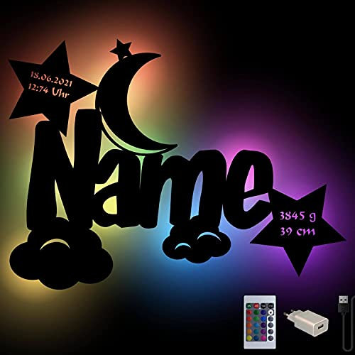 Personalisiertes Wolken Mond Sterne Farbwechsel Wand-Licht Nachtlicht Geschenke mit Namen Schlummerlicht Holz Wand-Lampe I USB + Fernbedienung