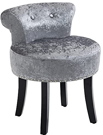 HOMCOM Dressing Table Stool with Rubber Wood Legs, Ice Velvet Vanity Stool for Living Room Bedroom, Grey