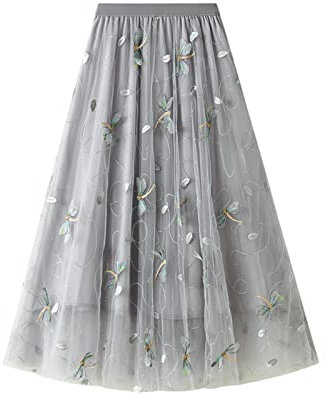 SotRong Überlagerter, mehrlagiger Tüllrock für Damen, elastischer, hoch taillierter A-Linien-Midirock, Mesh-Chiffon-Faltenrock mit Blumendekoration, M-grau, Einheitsgröße