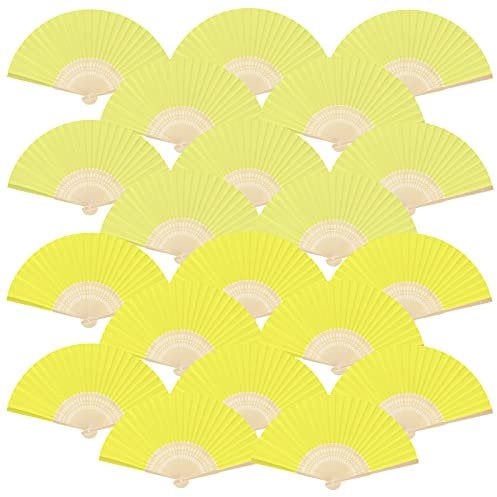 FEPITO 20 Pieces Handheld Yellow Paper Fan Paper Folding Fans with Bamboos for Wedding Gift, Party, Home