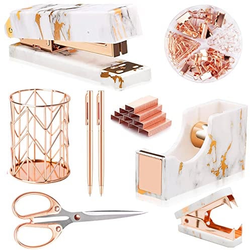 Schreibtisch-Zubehör, Bürobedarf, Bürobedarf-Set, Heftklammerentferner, Klebebandhalter, Stift, 2 Kugelschreiber, Schere, Binderklammern, Büroklammern und 1000 Heftklammern