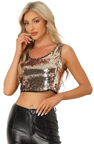Allegra K Damen Ärmellos Pailletten Top Party Oberteil Club Cami Bauchfrei Tank Top Bluse Champagner Gold M