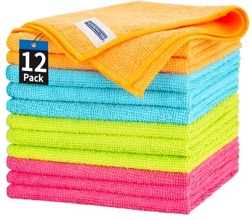 HOMERHYME Paquete de 12 paños de limpieza de microfibra, toallas de limpieza multiusos de 12.6 x 12.6 pulgadas, sin pelusas, paños de limpieza sin rayas para limpieza del coche, cocina y el hogar.