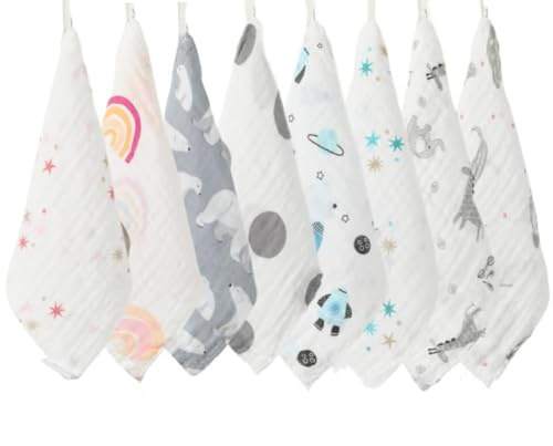 Baby-Waschlappen, Musselintücher, Einstecktuch, ultraweich, für Neugeborene, 8 Stück, Bambus-Baumwolle, 4 Schichten, wiederverwendbare Baby-Waschlappen für Jungen und Mädchen (zufällige Farbauswahl)