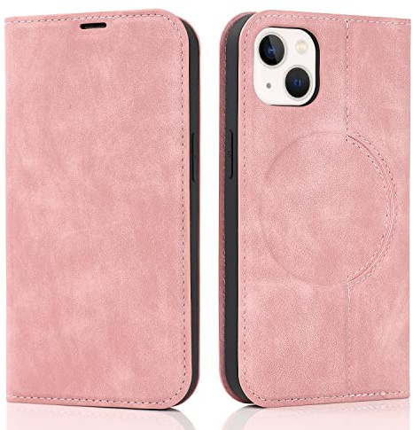 QLTYPRI Wallet Case for iPhone 14 (6.1 inch) Compatible with Magsafe Charger, Magnetic Flip Folio PU Leather Phone Case with RFID Blocking Card Slots Kickstand Shockproof Cover - Rose Gold