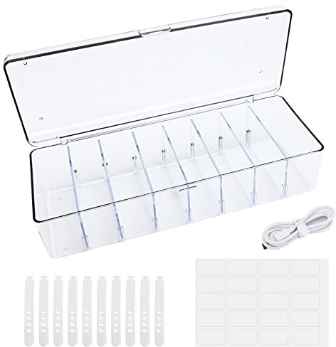 Bekecidi 8 Grids Acrylic Cable Organizer Box Cable Management Box,Cable Tidy Box 20 Classified Stickers and 10 Cable Ties, Clear Power Cord Organizer with Removable Divider(Transparent)
