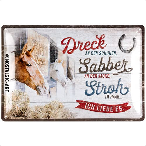 Nostalgic-Art Retro Blechschild, 20 x 30 cm, Dreck, Sabber, Stroh – Pferde – Geschenk-Idee für Pferde-Besitzer, aus Metall, Vintage Design mit Spruch, Blechschilder Sprüche
