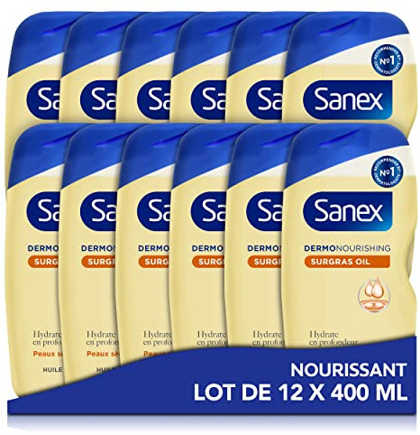 SANEX - Dermo Nourrissante Surgras Huile Douche Corps - Pour Toute La Famille* - Développée Avec Des Dermatologues - Hydrate La Peau Sèche & Protège - Rend La Peau Plus Résistante - 400mL x12
