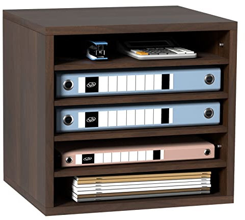 VEVOR Organisateur de Bureau en Bois 35,5x30,5x33 cm Trieur de Documents à 5 Compartiments Corbeille à Courrier Panneau Aggloméré Étagère Amovible Classeur pour Rangement Fichiers Magazines École Brun