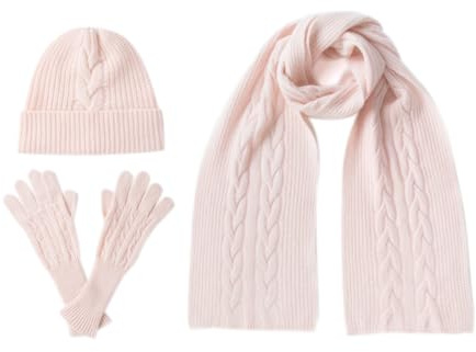 Villand Damen 3-teiliges Set aus 100% reinem Kaschmirschal, Hut und Handschuhen, Winter-Set mit Zopfmuster und Geschenkbox.