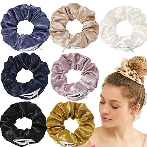 7 Piece Satin Scrunchies with Velvet Hidden Pocket and Zipper for Hair Ties, Metallic Colorful Bands for Girls and Women, and Chapstick Storage Wallet (Crystal Silk)