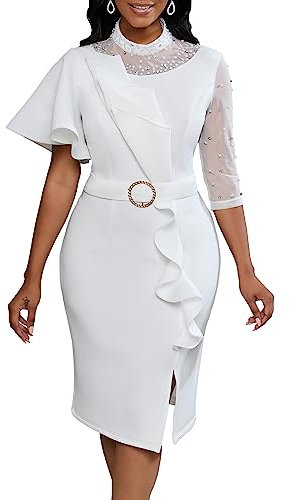 VERWIN Women's Mesh Patchwork Bodycon Midi Dress, Long Sleeve Ruffle Prom Party Dress XL White