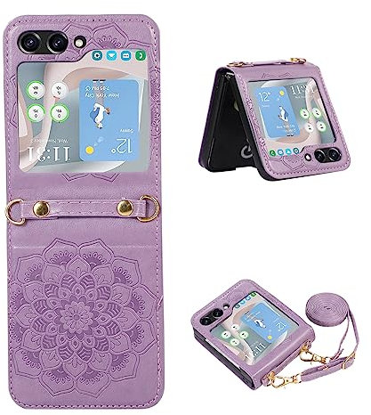 Szakdws Kompatibel mit Samsung Galaxy Z Flip 5 5G Hülle mit Kette,Galaxy Z Flip 5 Lederhülle mit Kordel zum Umhängen Abnehmbar,Premium PU Mandala Blume Klappbare Handyhülle,Violett