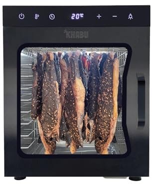 Kalahari Khabu - Deshidratador de alimentos y gabinete de secado de acero inoxidable – 10 bandejas grandes, 5 varillas colgantes, con control de temperatura de 20-90 °C, perfecto para secar biltong,