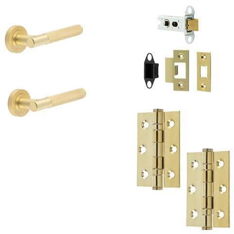 i IRONMONGERY SOLUTIONS Latch Pack of Door Handle, Tubular Latch & Hinges - Pack of Door Handle in Satin Brass Finish & Dimensions 76mm x 50mm