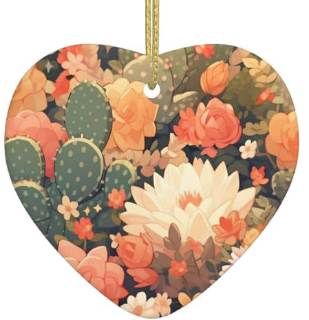 Kaktus bunte Blumen, Weihnachtsschmuck, Weihnachtsschmuck, Weihnachtsbaum, hängende Ornamente, herzförmige Keramik, festliches Andenken, Geschenk für Weihnachtsdekorationen, Urlaub, Zuhause, Party
