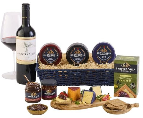 Snowdonia Cheese Company | Luxury Cheese & Wine Gift Selection | 3 Cheeses, 2 Chutneys, Wholemeal Crackers & Red Wine