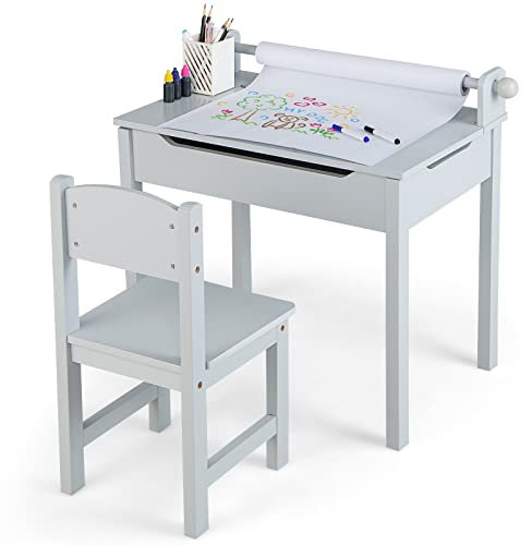 GYMAX Kids Desk and Chair Set, Wooden Children Art Table with Storage Space, Paper Roll and Markers, Lift-up Tabletop Design, Toddler Study Desk Set for 3 Years Old + Boys Girls (Grey)