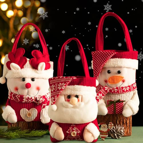 Weihnachtssäckchen, 3 Stück Weihnachtssäckchen Zum Befüllen Weihnachten Geschenkbeutel Stoff Weihnachten Kordelzug Geschenktüte Weihnachtstüten Mit Niedliche Plüsch Puppe Für Süßigkeiten (A)