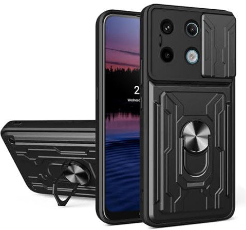 DESSEN Handyhülle für Redmi Note 13 Pro 5G, Mit Kartenfach Weiche TPU/PC Hülle und Objektiv Cover, Stoßfeste Schutzhülle mit Drehbarer Ringhalterung Case. Schwarz