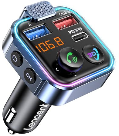 LENCENT Bluetooth 5.3 FM Transmitter, Wireless Radio Adapter Car Kit with Type-C PD 30W+ QC3.0 Fast USB Charger, Hands-Free Calling, Audio Stereo Mp3 Player Receiver, Supports U Disk, Color Light