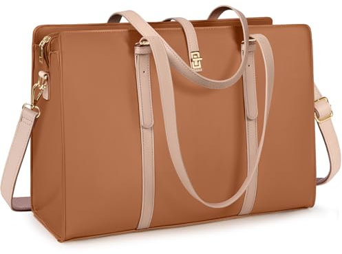 IGOLUMON Handtasche Damen Shopper Damen Groß Wasserdicht Laptop Tasche Damen 15.6 Zoll PU Leder Arbeitstasche Umhängetasche für Business Arbeit Büro Schule Braun mit Khaki