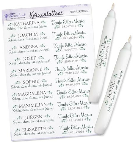 FEENSTAUB Kerzen Tattoos für die Taufe, personalisierte Gastgeschenk selber machen, Aufkleber für Kerzen, Eukalyptus, DIY Taufkerze, Give-Aways gestalten, bedruckte Folie für Kerzen