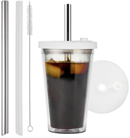 ALINK Tasse à thé à bulles, avec couvercle et paille, en plastique transparent, anti-fuite, double paroi isolée, 450 ml
