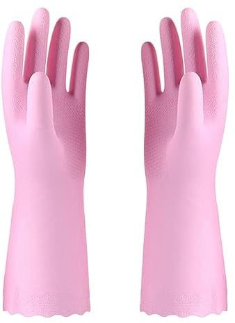 Alimat PluS 1 Pack Reusable Cleaning Gloves Latex Free, Dishwashing Gloves with Cotton Flock Liner and Embossed Palm, Waterproof Household Gloves for Laundry, Gardening (Pink, Medium)