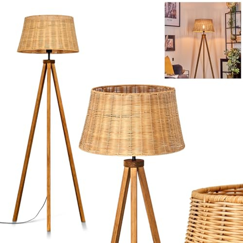 HOFSTEIN Stehleuchte Cavaca, Stehlampe aus Holz/Korbgeflecht in Naturfarben, Leuchte im skandinavischen Design mit rundem Schirm Ø 45 cm und Fußschalter, Höhe 154 cm, E27, Wohnzimmer, Schlafzimmer