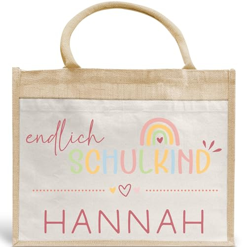 kleinebuchstaben Schulkind 2024 Tasche, Regenbogen Rosa Mädchen, Geschenk Einschulung, Schultüte, personalisierte Jutetasche, Einschulungsgeschenk