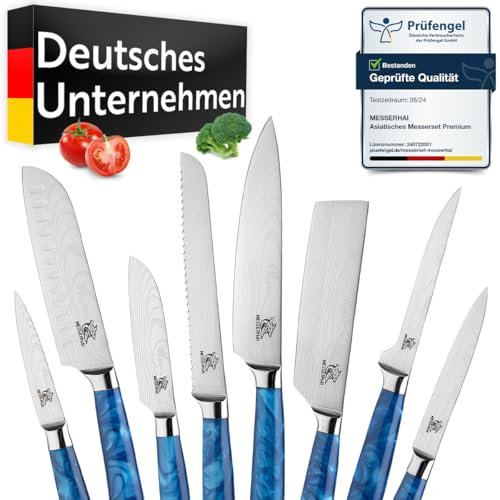 Messerhai Messerset Aoi, 8-teiliges Küchenmesser-Set mit blauen Resin-Griffen – Chefmesser, Santoku, Ausbeinmesser, Brotmesser, Schälmesser, Nakiri, Yanagiba, in Geschenkbox