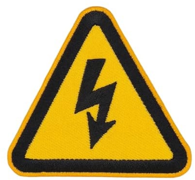 Vorsicht Strom Aufnäher zum aufbügeln aufnähen Bügelbild Warnzeichen Elektrische Spannung Bügelpatch Aufbügler für Kleidung gestickter Bügelflicken Applikation Elektriker Patch Größe 7,5 x 7,0 cm