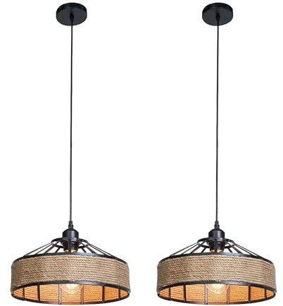 LEDSone Hemp Rope Black Pendant Light Pack of 2 | E27 Fitting | Adjustable Hanging Light | Rustic Hemp Rope Ceiling Light | for Living Rooms Kitchens Coffes Restaurants |D300mm (Bulb not Included)