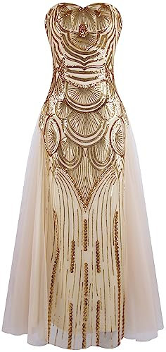 Angel Fashions trägerloses Damen-Bankettkleid mit Pailletten, Netzstoff, mit Schnürung, champagnerfarben / goldfarben, 40