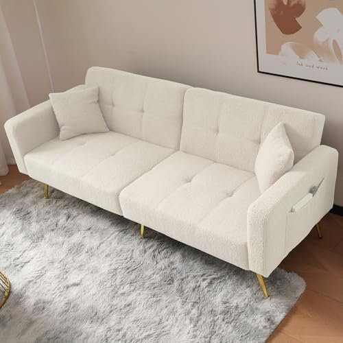 Schlafsofa mit Bettfunktion, 2 Sitzer Sofa,verstellbarem Winkel, goldenen Beinen, mit Kissen und seitlichen Aufbewahrungstaschen (Weiß)