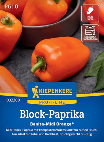 Kiepenkerl Block-Paprikasamen Benita-Midi Orange® 1032200, Gemüsesaat | Kompakter Wuchs, fein- süße Früchte, Höhe 60-80 cm, aromatisch, für Hochbeet, Freiland & Gewächshaus