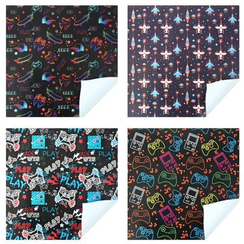 4 Blatt Spiele Geschenkpapier Schwarz - Lustiges Geschenkpapier, Gaming-Geschenkpapier, Geschenkpapier Geburtstag für Jungen, Kinder, Familie, Freunde,50 x 70 cm pro Blatt
