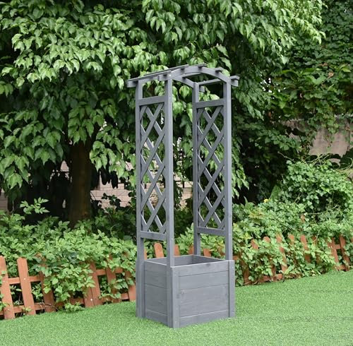 Mucola Rosenbogen mit Pflanzkasten Holz Spalier mit Blumenkasten Rankhilfe Deal für Kletterpflanzen Pflanzkübel Rosensäule Rankgitter - Grau
