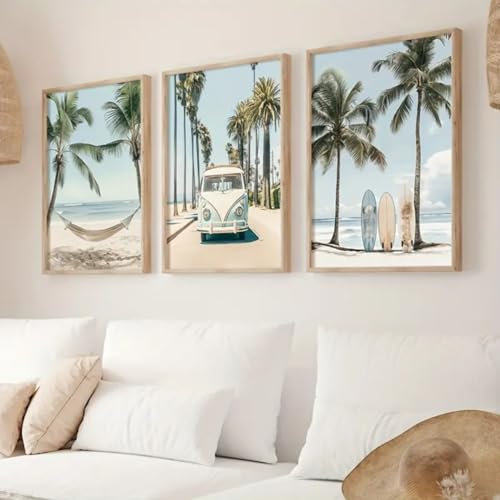 Herfair 3er Set Strand Ozean Palme Poster Set, Tropische Surfbrett Sommer Dekor Poster Vintage Summer Aesthetic Hawaii Poster Strand Bilder (40x50cm)