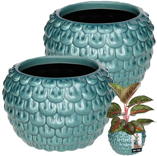 KOTARBAU® 2 macetas de cerámica de gran tamaño vintage, hechas a mano, 17 cm de altura, 13 cm, color azul y turquesa